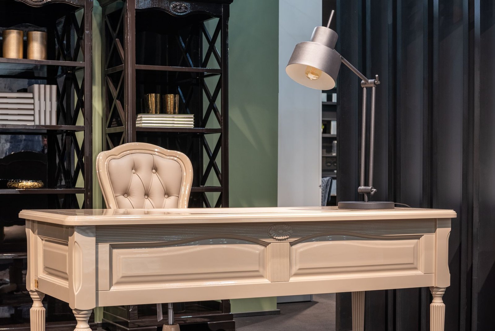 Modern LED desk lamp illuminating a cozy home office workspace with warm ambient lighting