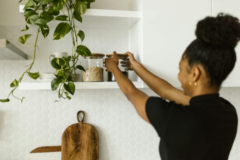 Bright organized living space with storage baskets and clean surfaces ready for cozy living