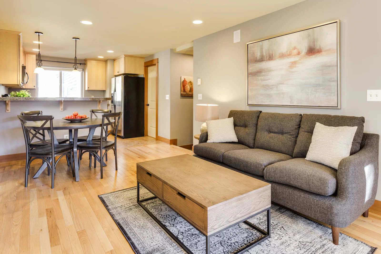 Cozy rental living room with neutral tones and renter-friendly decor