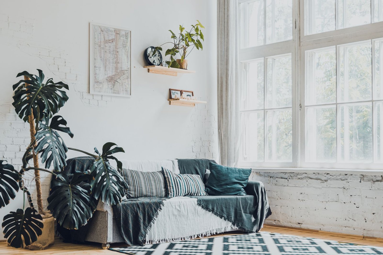 Faux Monstera Plant living room — cozy home